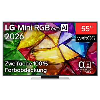 Vorderseite von 55" Zoll LG Mini RGB evo AI MRGB88 4K Smart TV 2026 55MRGB88B9B