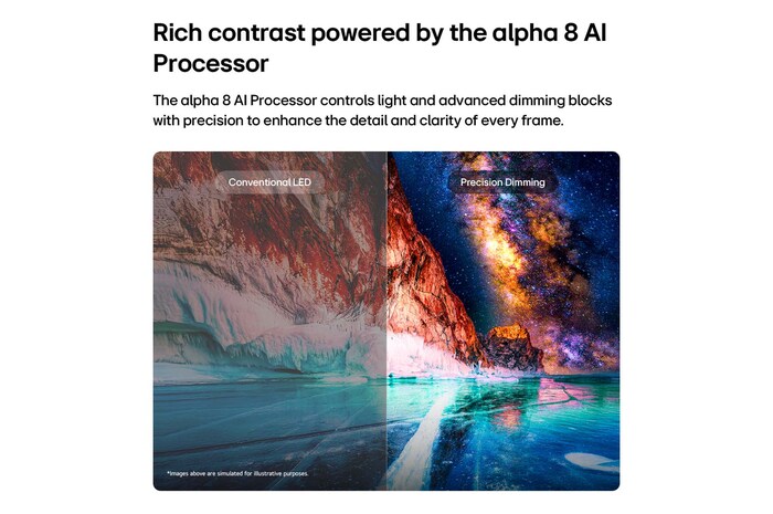 Das LG Mini RGB evo AI MRGB85 betont Precision Dimming durch ein geteiltes Bild, das herkömmliche LEDs auf der linken Seite mit tieferen Schwarztönen und einer verbesserten Kontrastdefinition auf der rechten Seite, angetrieben vom alpha 8 AI Processor, vergleicht.