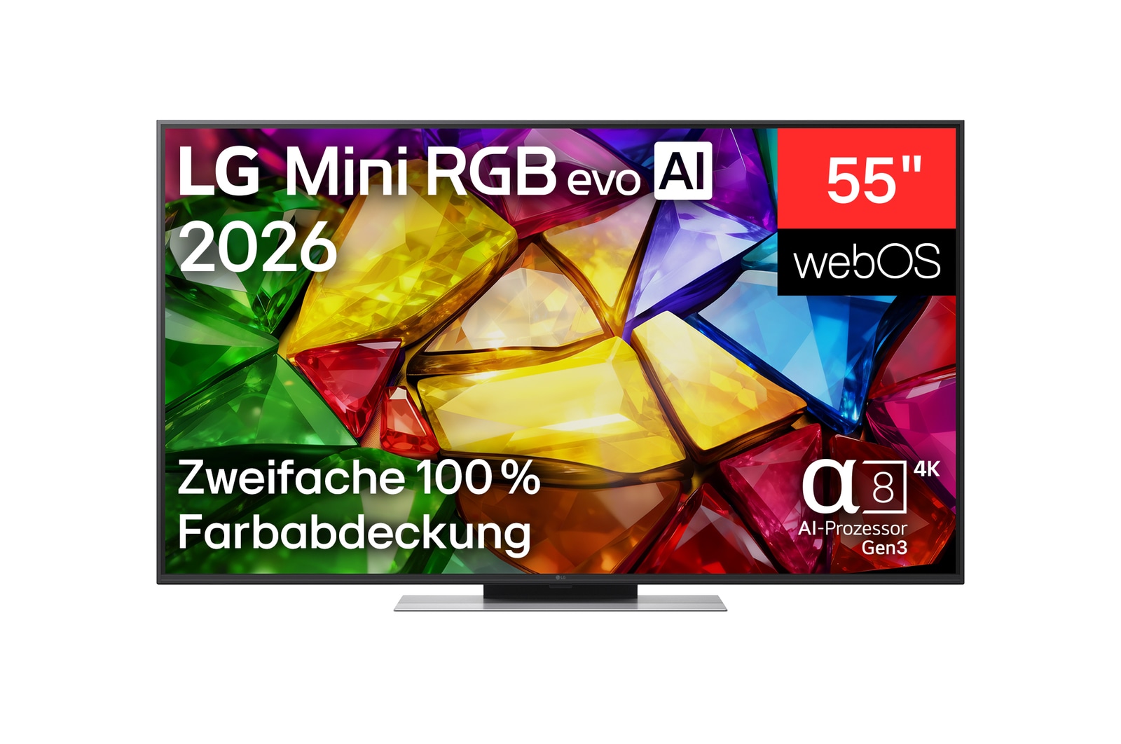 Die Vorderansicht des LG Mini RGB evo AI MRGB85, das 2026 auf den Markt kam, verfügt über einen schmalen schwarzen Rahmen auf flachen Füßen; ein lebendiges, kristallklares Bild mit scharf definierten mehrfarbigen Facetten füllt den Bildschirm.
