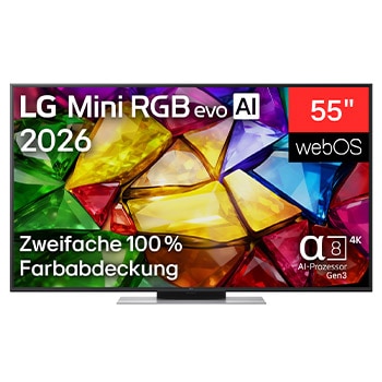 Die Vorderansicht des LG Mini RGB evo AI MRGB85, das 2026 auf den Markt kam, verfügt über einen schmalen schwarzen Rahmen auf flachen Füßen; ein lebendiges, kristallklares Bild mit scharf definierten mehrfarbigen Facetten füllt den Bildschirm.