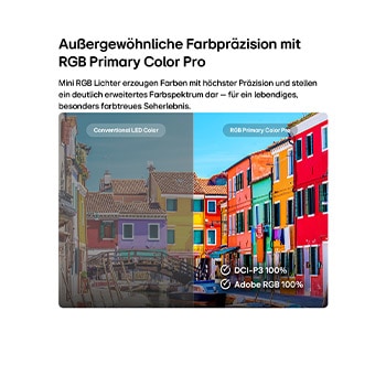 Das LG Mini RGB evo AI MRGB85 mit RGB Primary Color Pro bietet 100 % Farbabdeckung von DCI-P3 und Adobe RGB, zertifiziert von Intertek.