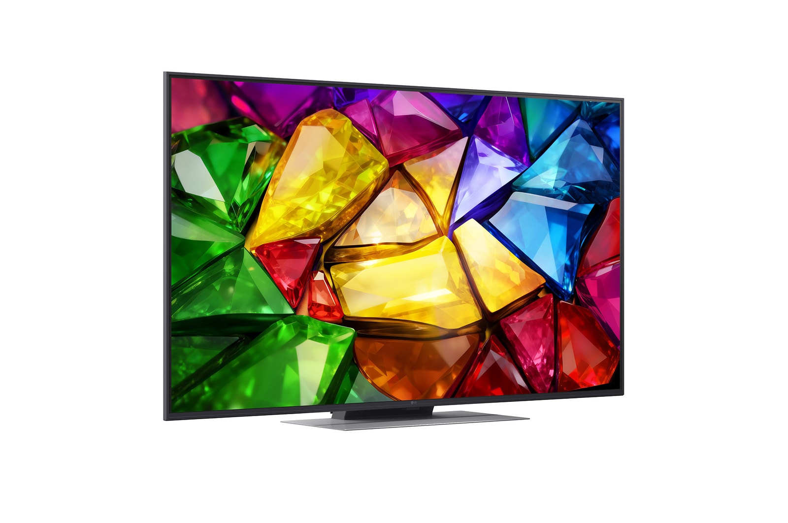 Die Vorderansicht des LG Mini RGB evo AI MRGB88 zeigt ein lebendiges, kristallines Bild von scharf definierten mehrfarbigen Facetten mit 75-Zoll-Display, webOS, RGB Primary Color Pro und alpha 8 Gen3 4K AI-Prozessor.