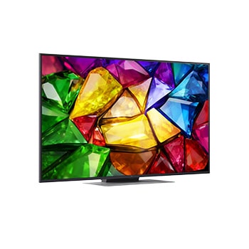 Die Vorderansicht des LG Mini RGB evo AI MRGB88 zeigt ein lebendiges, kristallines Bild von scharf definierten mehrfarbigen Facetten mit 75-Zoll-Display, webOS, RGB Primary Color Pro und alpha 8 Gen3 4K AI-Prozessor.