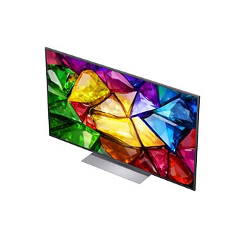 Die Vorderansicht des LG Mini RGB evo AI MRGB88 zeigt ein lebendiges, kristallines Bild von scharf definierten mehrfarbigen Facetten mit 75-Zoll-Display, webOS, RGB Primary Color Pro und alpha 8 Gen3 4K AI-Prozessor.