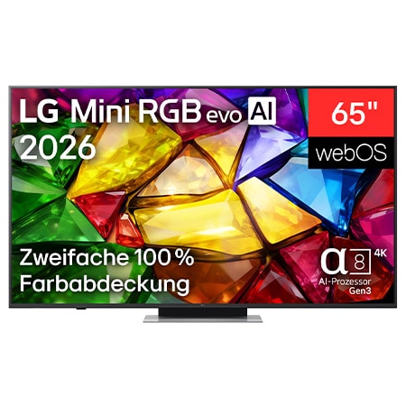 The front view of LG Mini RGB evo AI MRGB85, released in 2026, features a slim black bezel with short feet, while a vivid, crystalline image of sharply defined multicolored facets fills the screen.