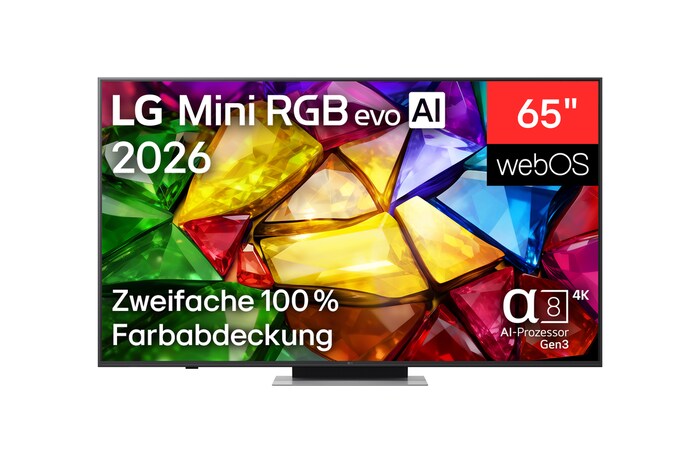The front view of LG Mini RGB evo AI MRGB85, released in 2026, displays a crystalline image of sharply defined multicolored facets, featuring an 75-inch display, webOS, RGB Primary Color Pro, and the alpha 8 AI Processor 4K Gen3.