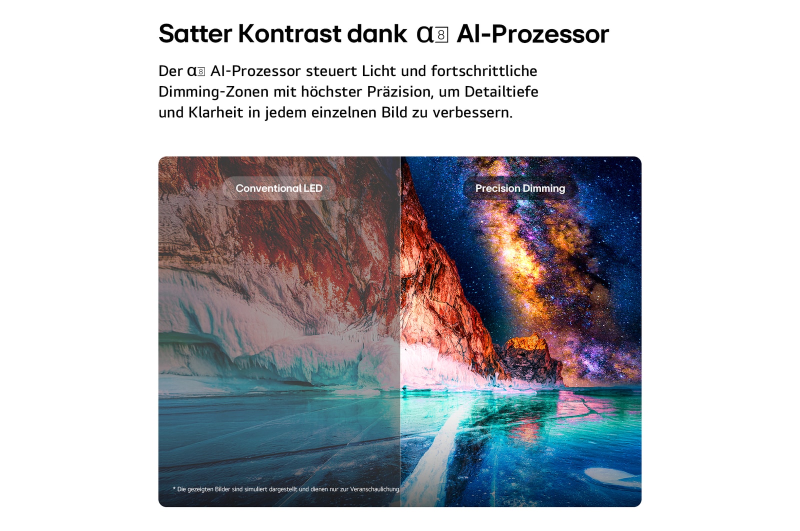 LG Mini RGB evo AI MRGB85 highlights Precision Dimming through a split image comparing conventional LED on the left with deeper blacks and improved contrast definition on the right, powered by the alpha 8 AI Processor.