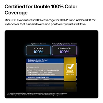 Das LG Mini RGB evo AI MRGB85 mit RGB Primary Color Pro bietet 100 % Farbabdeckung von DCI-P3 und Adobe RGB, zertifiziert von Intertek.