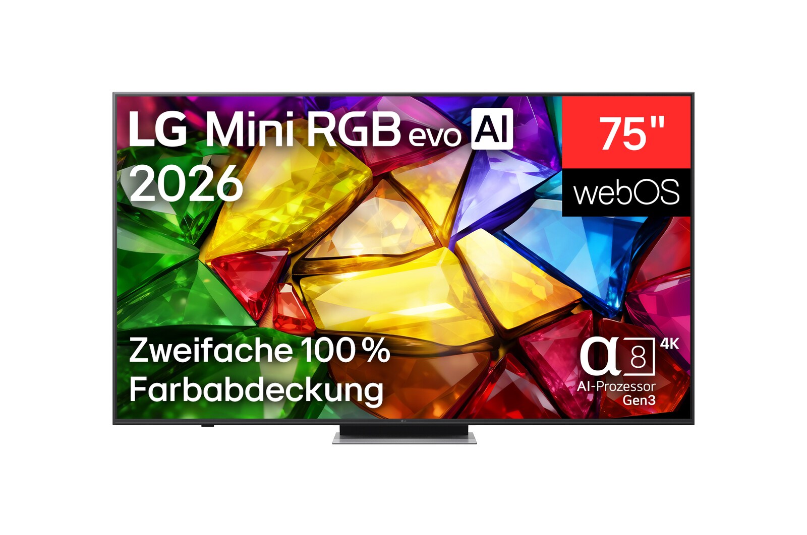Vorderseite von 75" Zoll LG Mini RGB evo AI MRGB88 4K Smart TV 2026 75MRGB88B9B