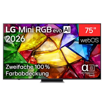 The front view of LG Mini RGB evo AI MRGB85, released in 2026, features a slim black bezel with short feet, while a vivid, crystalline image of sharply defined multicolored facets fills the screen.