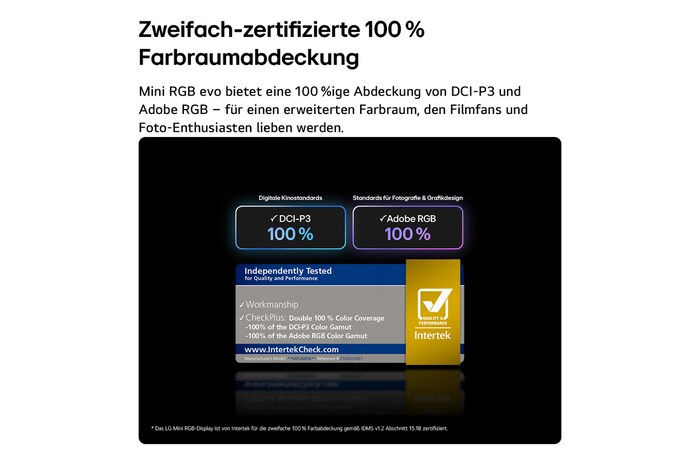 LG Mini RGB evo AI MRGB85, featuring RGB Primary Color Pro, delivers 100% color coverage of DCI-P3 and Adobe RGB, certified by Intertek.