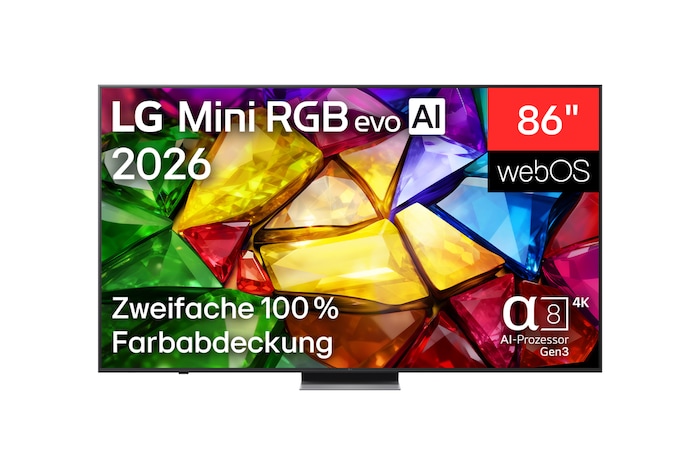 Die Vorderansicht des LG Mini RGB evo AI MRGB88 zeigt ein lebendiges, kristallines Bild von scharf definierten mehrfarbigen Facetten mit 75-Zoll-Display, webOS, RGB Primary Color Pro und alpha 8 Gen3 4K AI-Prozessor.