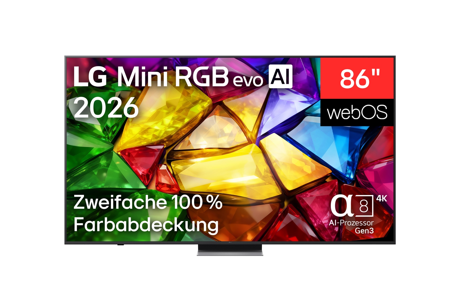 Vorderseite von 86" Zoll LG Mini RGB evo AI MRGB88 4K Smart TV 2026 86MRGB88B9B