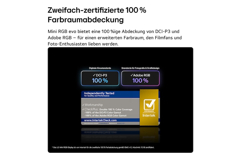 Die Vorderansicht des LG Mini RGB evo AI MRGB88 verfügt über einen schmalen schwarzen Rahmen auf flachen Füßen; ein lebendiges, kristallklares Bild mit scharf definierten mehrfarbigen Facetten füllt den Bildschirm.