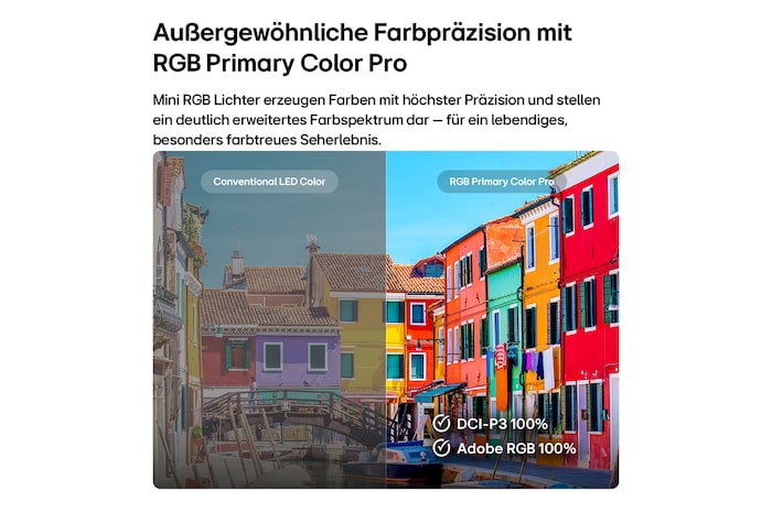 Der LG Mini RGB evo AI MRGB88, gezeigt in Vorder- und Seitenansicht, verfügt über ein 75-Zoll-Display mit einer Bildschirmbreite von 1677 mm, einer Bildschirmhöhe von 966 mm, einer Höhe von 1032 mm mit Standfuß, einer Tiefe von 51,6 mm und einer Standfläche von 1499 x 359 mm.