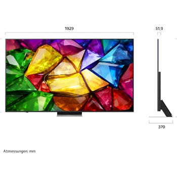 Das LG Mini RGB evo AI MRGB85, gezeigt in Vorder- und Seitenansicht, verfügt über ein 75-Zoll-Display mit einer Bildschirmbreite von 1677 mm, einer Bildschirmhöhe von 966 mm, einer Höhe von 1032 mm mit Standfuß, einer Tiefe von 51,6 mm und einer Standfläche von 1499 x 359 mm.