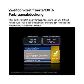 Das LG Mini RGB evo AI MRGB85 mit RGB Primary Color Pro bietet 100 % Farbabdeckung von DCI-P3 und Adobe RGB, zertifiziert von Intertek.