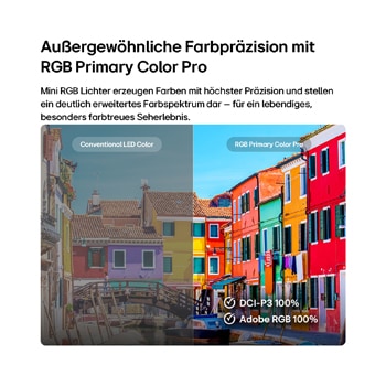 RGB Primary Color Pro, das im LG Mini RGB evo AI MRGB85 verwendet wird, verfügt über ein geteiltes Bild, das herkömmliche LED-Farben auf der linken Seite mit helleren, satteren Gebäuden auf der rechten Seite vergleicht und dabei die 100 % DCI-P3- und Adobe-RGB-Abdeckung hervorhebt.