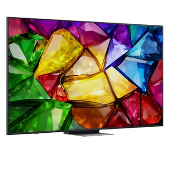 Die Vorderansicht des LG Mini RGB evo AI MRGB88 zeigt ein lebendiges, kristallines Bild von scharf definierten mehrfarbigen Facetten mit 75-Zoll-Display, webOS, RGB Primary Color Pro und alpha 8 Gen3 4K AI-Prozessor.