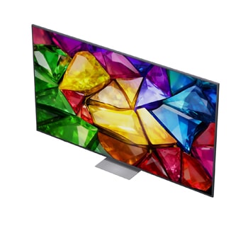 Die Vorderansicht des LG Mini RGB evo AI MRGB88 zeigt ein lebendiges, kristallines Bild von scharf definierten mehrfarbigen Facetten mit 75-Zoll-Display, webOS, RGB Primary Color Pro und alpha 8 Gen3 4K AI-Prozessor.