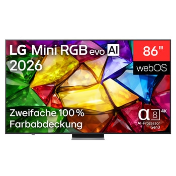 Die Vorderansicht des LG Mini RGB evo AI MRGB85, das 2026 auf den Markt kam, zeigt ein lebendiges, kristallines Bild von scharf definierten mehrfarbigen Facetten mit 75-Zoll-Display, webOS, RGB Primary Color Pro und alpha 8 AI Processor 4K Gen3.