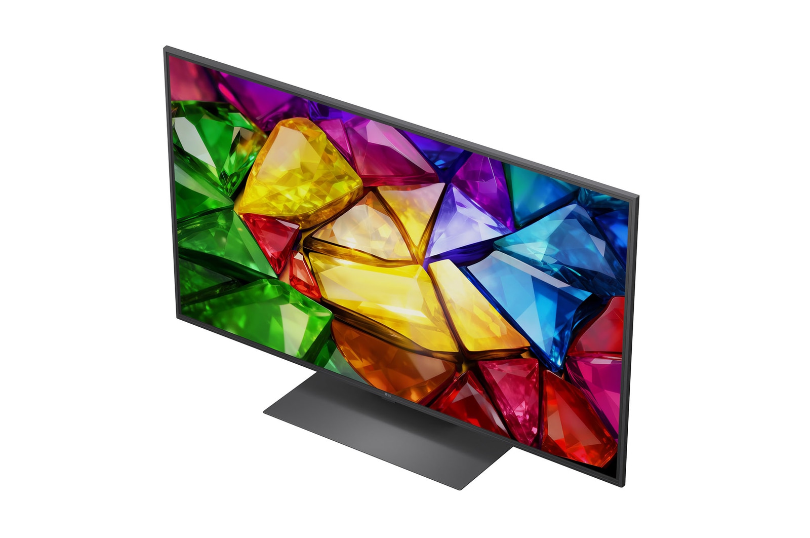 Der LG Mini RGB evo AI MRGB86 ist in einem geräumigen, modernen Wohnbereich an der Wand montiert und zeigt ein lebendiges abstraktes Kunstwerk mit wirbelnden, bunten Elementen.