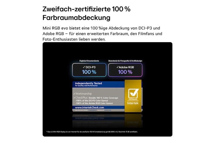 Die Vorderansicht des LG Mini RGB evo AI MRGB86 verfügt über einen schmalen schwarzen Rahmen auf flachen Füßen; ein lebendiges, kristallklares Bild mit scharf definierten mehrfarbigen Facetten füllt den Bildschirm.