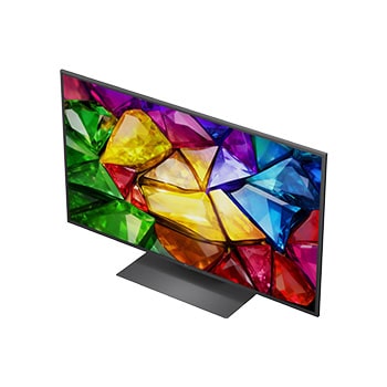 Der LG Mini RGB evo AI MRGB86 ist in einem geräumigen, modernen Wohnbereich an der Wand montiert und zeigt ein lebendiges abstraktes Kunstwerk mit wirbelnden, bunten Elementen.