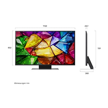 Die Vorderansicht des LG Mini RGB evo AI MRGB86 zeigt ein lebendiges, kristallines Bild von scharf definierten mehrfarbigen Facetten mit 75-Zoll-Display, webOS, RGB Primary Color Pro und alpha 8 Gen3 4K AI-Prozessor.