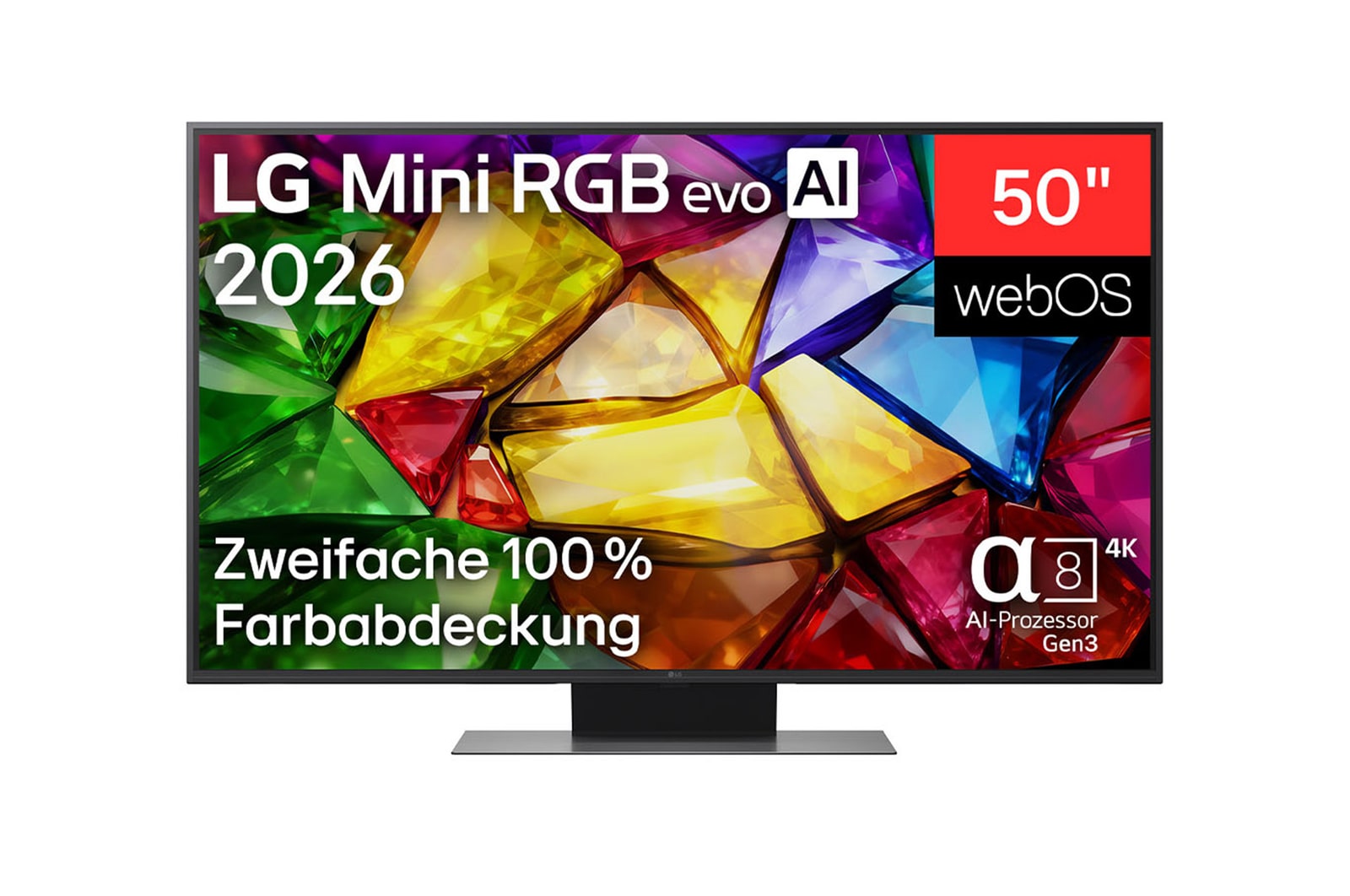 Vorderseite von 50" Zoll LG Mini RGB evo AI MRGB86 4K Smart TV 2026 50MRGB86B9A