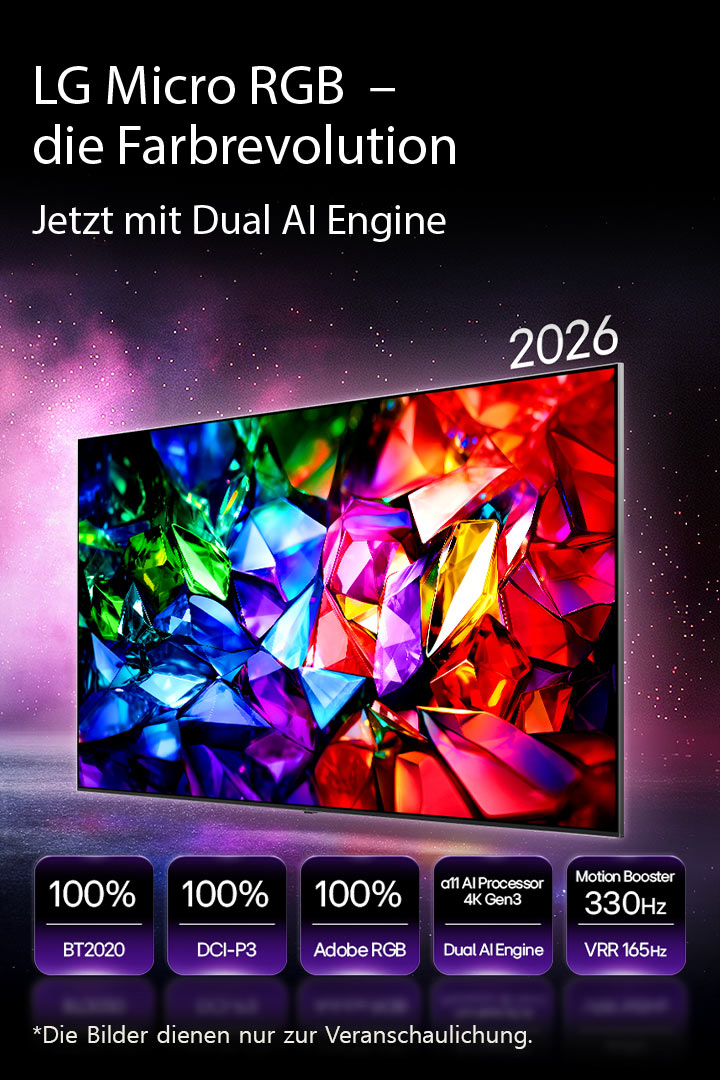 Das LG OLED evo AI G6, powered by Hyper Radiant Color Tech, zeigt ein lebendiges abstraktes Papierkunstbild auf dem Bildschirm mit Symbolen für 3,9-mal hellere Spitzenhelligkeit, perfektes Schwarz, perfekte Farbe, alpha 11 AI Processor 4K Gen3 Dual AI Engine und Reflection Free Premium.