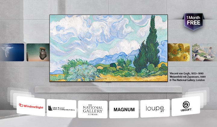 Der LG Micro RGB evo AI MRGB96 mit LG Gallery+ zeigt kuratierte Kunstwerke im Innenbereich, darunter Vincent van Goghs „Kornfeld mit Zypressen“ in der Mitte, zusammen mit Referenzen zu Partnermuseen und der Meldung „1 Monat kostenlos“.