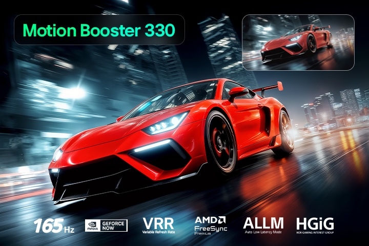 Der LG Micro RGB evo AI MRGB96 mit Ultimate Gameplay präsentiert eine dynamische, rasante Rennszene mit einem unscharfen Vergleichsbild, das den Motion Booster 330 hervorhebt. Es unterstützt außerdem 165 Hz, VRR, AMD FreeSync, ALLM, HGiG und GeForce NOW. 