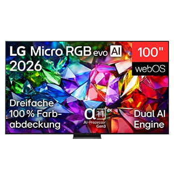 Die Vorderansicht des LG Micro RGB evo AI MRGB96 verfügt über einen schmalen schwarzen Rahmen auf flachen Füßen, ein lebendiges, kristallklares Bild mit scharf definierten roten, grünen und blauen Facetten füllt den Bildschirm.