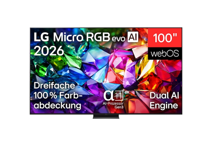 Die Vorderansicht des LG Micro RGB evo AI MRGB96 verfügt über einen schmalen schwarzen Rahmen auf flachen Füßen, ein lebendiges, kristallklares Bild mit scharf definierten roten, grünen und blauen Facetten füllt den Bildschirm.