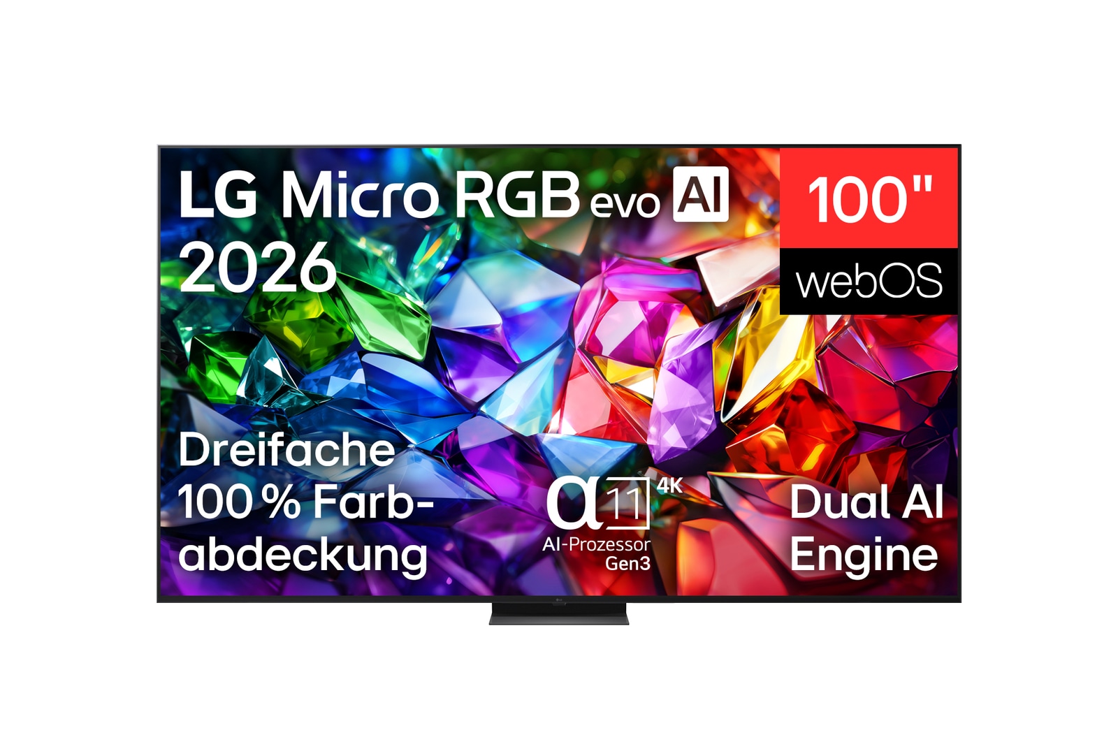Die Vorderansicht des LG Micro RGB evo AI MRGB96 verfügt über einen schmalen schwarzen Rahmen auf flachen Füßen, ein lebendiges, kristallklares Bild mit scharf definierten roten, grünen und blauen Facetten füllt den Bildschirm.