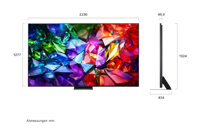 Die Vorderansicht des LG Micro RGB evo AI MRGB96 zeigt ein lebendiges, kristallines Bild von scharf definierten roten, grünen und blauen Facetten mit 100-Zoll-Display, webOS, RGB Primary Color Ultra und alpha 11 Gen3 4K AI-Prozessor.