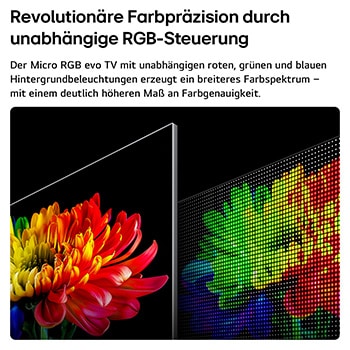 Der LG Micro RGB evo AI MRGB96 mit ultrafeiner Mikro-RGB-Farbsteuerung, 100 % Abdeckung von BT2020, DCI-P3 und Adobe RGB, wie von Intertek zertifiziert.