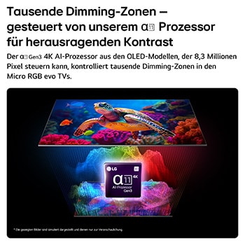 Der LG Micro RGB evo AI MRGB96 mit Micro Dimming Ultra zeigt eine lebendige Meeresszene mit präziser Farbtrennung über mehr als 8,3 Millionen Pixel, verstärkt durch Tausende von Dimmzonen, unterstützt vom alpha 11 Gen3 4K AI-Prozessor.