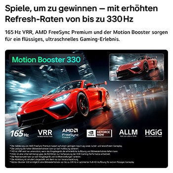 Der LG Micro RGB evo AI MRGB96 mit Ultimate Gameplay präsentiert eine dynamische, rasante Rennszene mit einem unscharfen Vergleichsbild, das den Motion Booster 330 hervorhebt. Es unterstützt außerdem 165 Hz, VRR, AMD FreeSync, ALLM, HGiG und GeForce NOW.