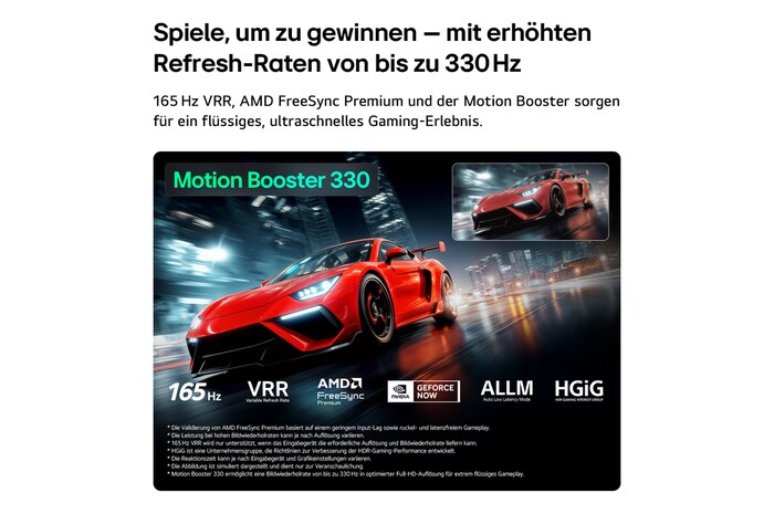 Der LG Micro RGB evo AI MRGB96 mit Ultimate Gameplay präsentiert eine dynamische, rasante Rennszene mit einem unscharfen Vergleichsbild, das den Motion Booster 330 hervorhebt. Es unterstützt außerdem 165 Hz, VRR, AMD FreeSync, ALLM, HGiG und GeForce NOW.