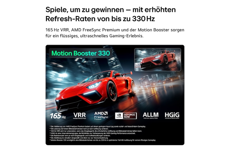 Der LG Micro RGB evo AI MRGB96 mit Ultimate Gameplay präsentiert eine dynamische, rasante Rennszene mit einem unscharfen Vergleichsbild, das den Motion Booster 330 hervorhebt. Es unterstützt außerdem 165 Hz, VRR, AMD FreeSync, ALLM, HGiG und GeForce NOW. 