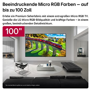 Der LG Micro RGB evo AI MRGB96 mit bis zu 100 Zoll ist in einem geräumigen modernen Wohnzimmer an der Wand montiert. Eine lebendige, farbenfrohe Landschaft betont satte Farben und feine Details und hebt das Interieur auf eine neue Ebene.