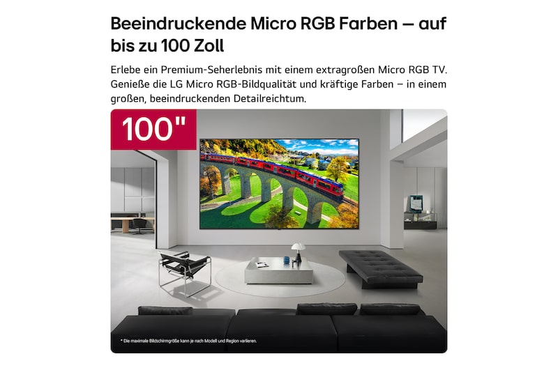 Der LG Micro RGB evo AI MRGB96 mit bis zu 100 Zoll ist in einem geräumigen modernen Wohnzimmer an der Wand montiert. Eine lebendige, farbenfrohe Landschaft betont satte Farben und feine Details und hebt das Interieur auf eine neue Ebene. 