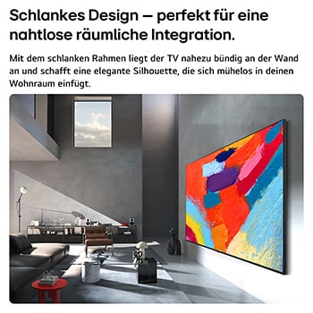 Der LG Micro RGB evo AI MRGB96 ist in einem geräumigen, schwarzen Raum nahtlos an der Wand montiert. Es zeigt auffällige Kunstwerke in lebendigen Farben, die mit dem umgebenden Raum harmonieren.