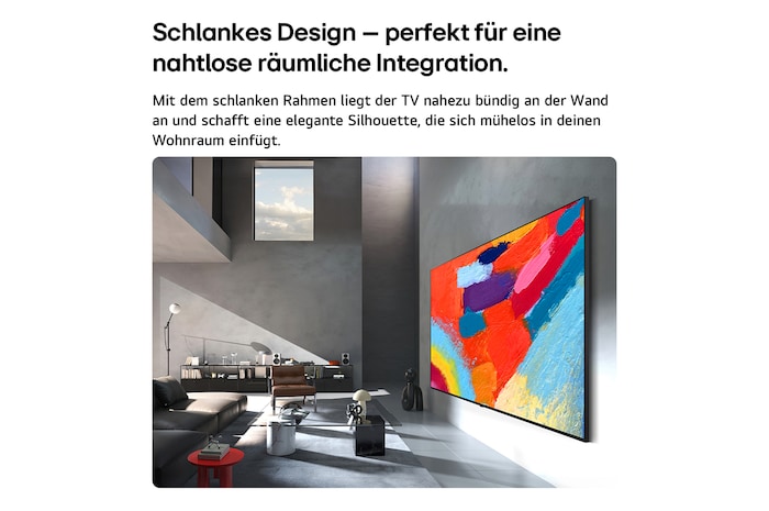 Der LG Micro RGB evo AI MRGB96 ist in einem geräumigen, schwarzen Raum nahtlos an der Wand montiert. Es zeigt auffällige Kunstwerke in lebendigen Farben, die mit dem umgebenden Raum harmonieren.