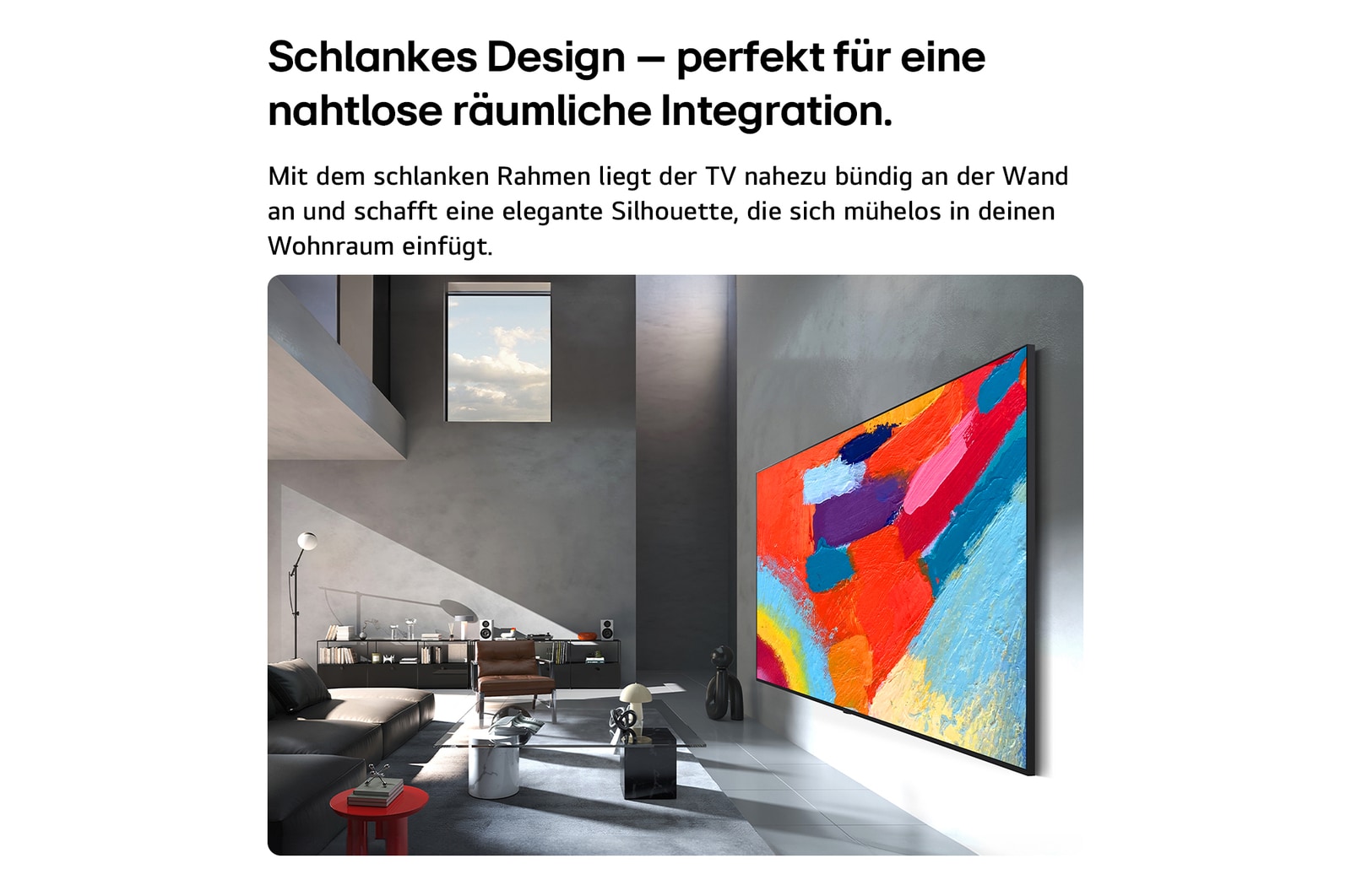 Der LG Micro RGB evo AI MRGB96 ist in einem geräumigen, schwarzen Raum nahtlos an der Wand montiert. Es zeigt auffällige Kunstwerke in lebendigen Farben, die mit dem umgebenden Raum harmonieren.
