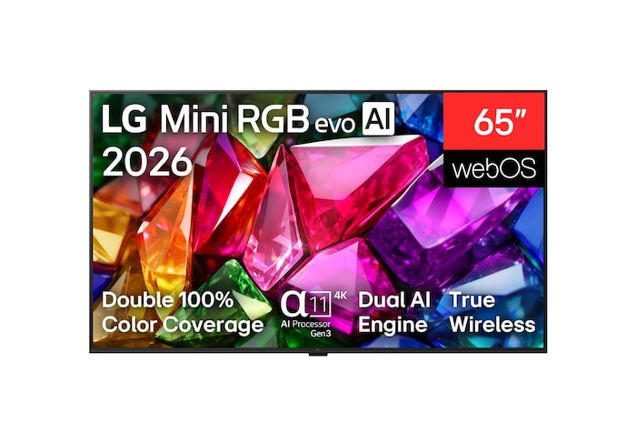 Die Vorderansicht des LG Mini RGB evo AI MRGB85, das 2026 auf den Markt kam, zeigt ein lebendiges, kristallines Bild von scharf definierten mehrfarbigen Facetten mit 75-Zoll-Display, webOS, RGB Primary Color Pro und alpha 8 AI Processor 4K Gen3.