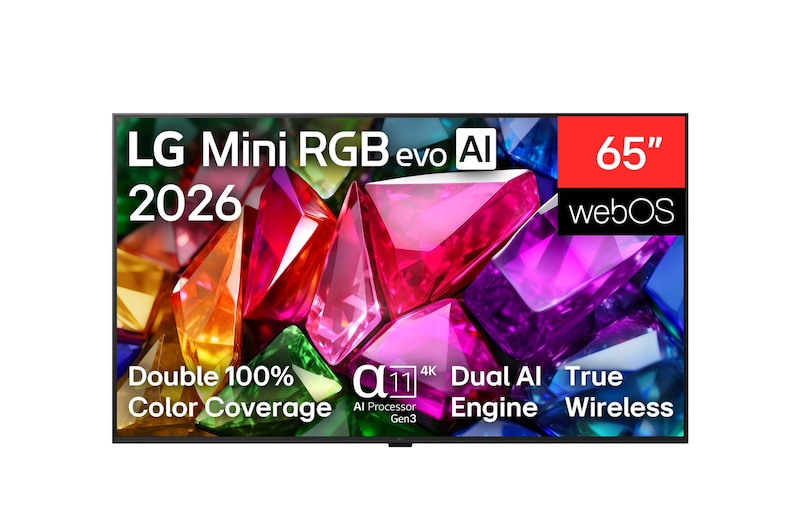 Vorderseite von 65 Zoll LG Mini RGB evo AI MRGB88 4K Smart TV 2026 - 65MRGB88B9B | LG Deutschland 65MRGB88B9B