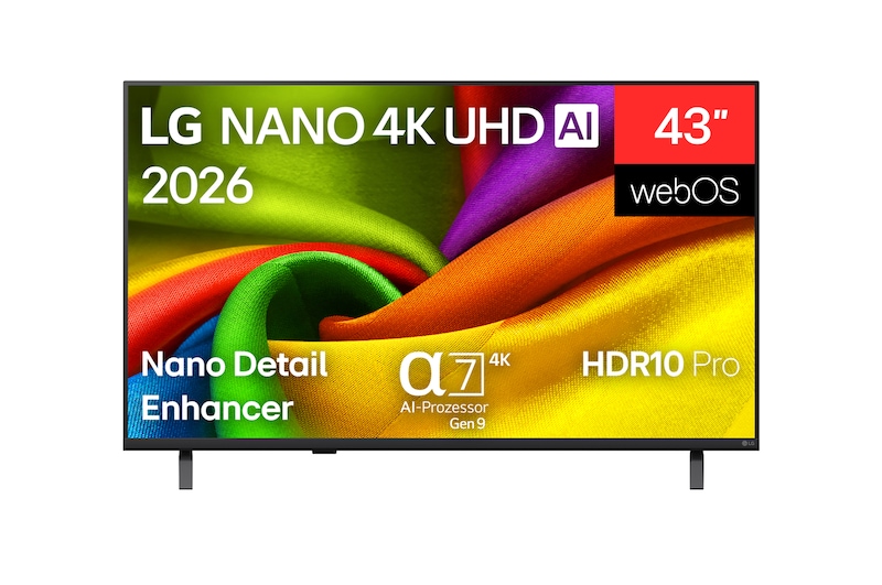 Vorderseite von 43 Zoll LG NANO 4K UHD AI NU8E Smart TV 2026 43NU8E0B3LA
